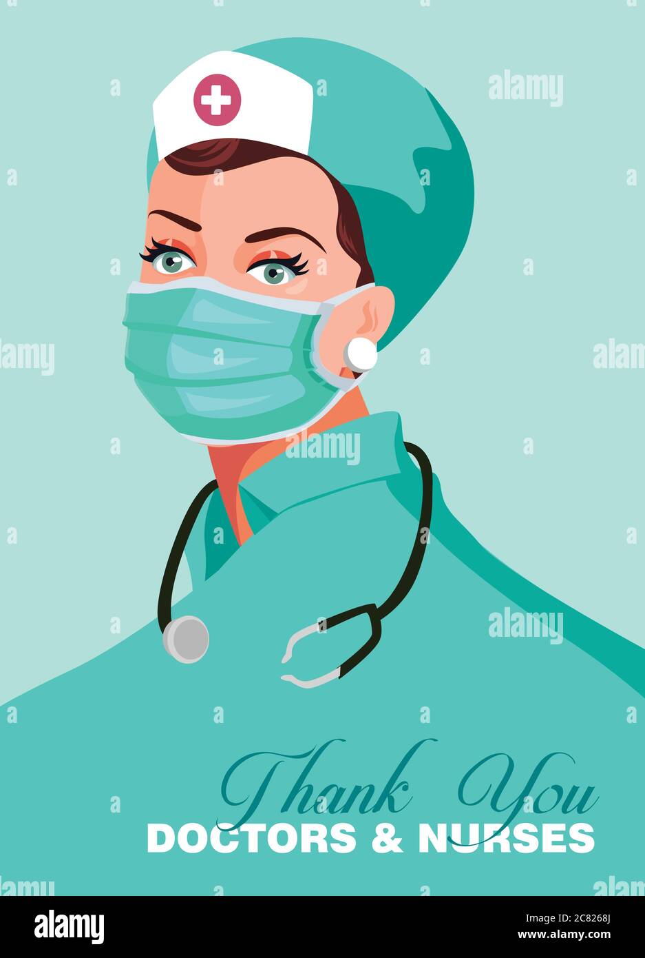 Vielen Dank an Ärzte und Krankenschwestern, die in den Krankenhäusern arbeiten und das Coronavirus bekämpfen, Vektordarstellung. Krankenschwester`s Uniform und Stethoskop. Krankenschwester Stock Vektor